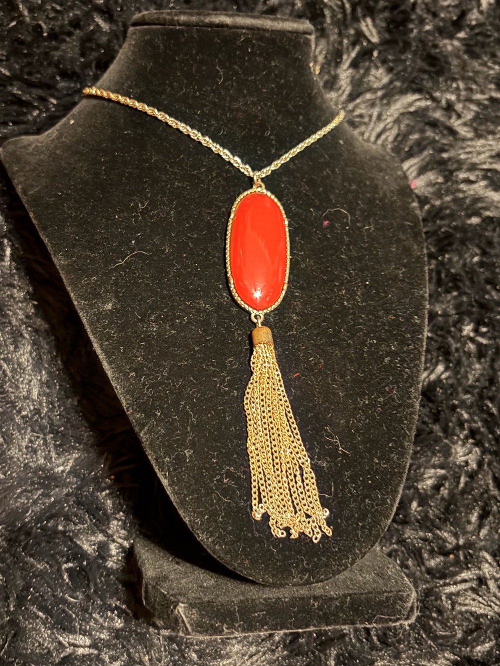 Gold Chain Necklace with Red Oval Pendant and Tassel